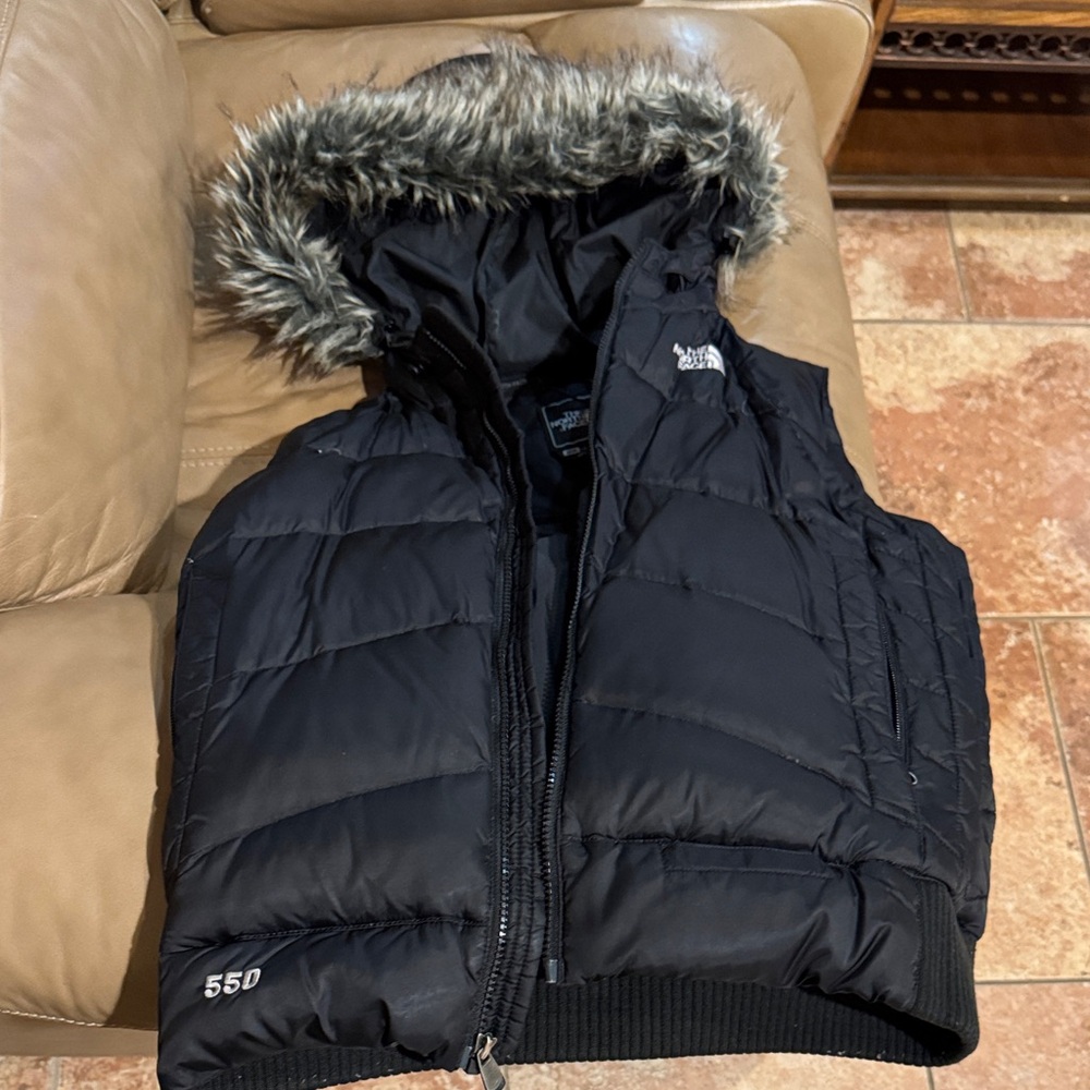 The North Face Black Puffer Vest with Fur Trim
